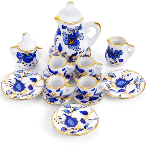15 Pieces Miniature Porcelain Tea Cup Set Kitchen Miniature Porcelain Set Mini Flower Pattern Teapot Cup Plates Set Dollhouse Kitchen Accessories Set (Retro Flower Style)