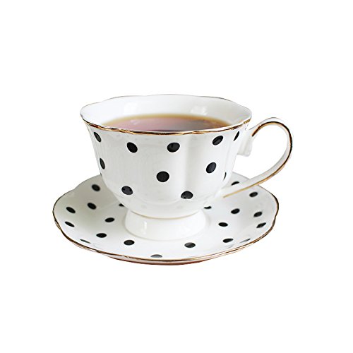 EKUEE Black and White Retro Series European Striped Polka Dot Coffee Cup and Saucer Mug Cake Plate Afternoon Tea Set (B)
