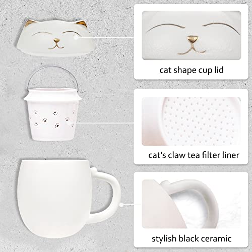 Liywall - Ceramic Tea Mug with Infuser and Lid, Cat Design Handmade Porcelain Tea Cup Strainer With Portable Shockproof Storage Case for Travel Office Home,Wife Girlfriend Gift - White
