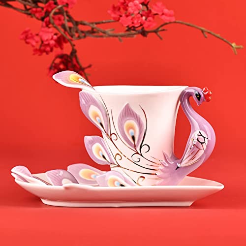 oliruim Unique Purple Peacock Ceramic Tea Cup Handmade Coffee Mug Set Tea Cup and Saucer with Spoon 1 Set Exquisite Porcelain Set Gift (Peacock Violet)