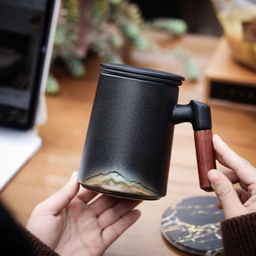 Ochcahser Tea Cup with Infuser and Lid, 15.2 Ounces Artistic Mountain Embossed Ceramic Tea Mug with Absorbent Coaster for Loose Leaf Tea, Ergonomic Bamboo Handle Tea Steeping Mug for Tea Lovers