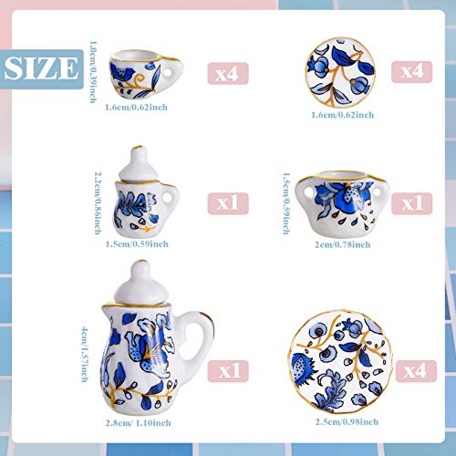 15 Pieces Miniature Porcelain Tea Cup Set Kitchen Miniature Porcelain Set Mini Flower Pattern Teapot Cup Plates Set Dollhouse Kitchen Accessories Set (Retro Flower Style)