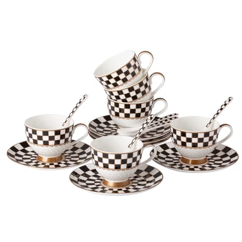 Porlien Black and White Checker Van Gogh Cups and Saucers Set of 6