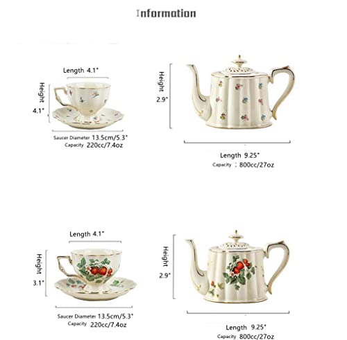 SHUILING Retro Coffee Mug Sets, Ceramic Espresso Cups with Saucers, Drinks Cocoa Latte Cup Porcelain Tea Pot Gift Sets for French Restaurant Bar, Floral Design (1x Strawberry plate)