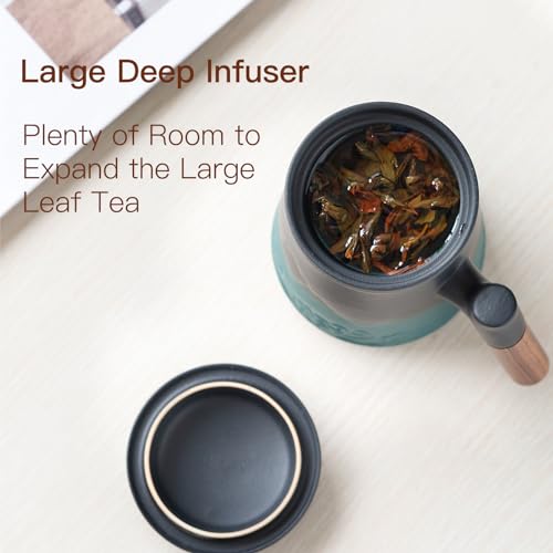 ZENS Tea Cup with Infuser and Lid for Loose Leaf Tea Steeper, 15.2 oz Embossed Ceramic Tea Mug with Fine Tea Strainers, Wood Handle Large Tea Diffusers Mugs, Tea Accessories for Tea Lovers Gifts