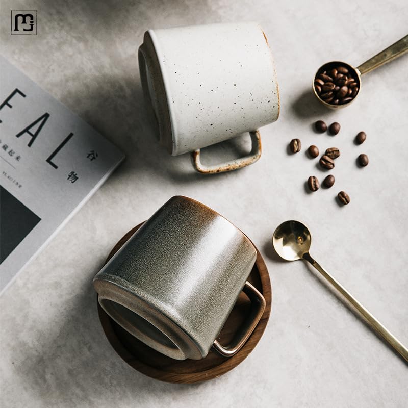 Retro Style Tea Cup With Wooden Saucer Set,Stoneware Ceramic Coffee Mug 12 Oz,Handmade Pottery Thick Mug With Spoons,Ideal Gift For Family Gathering Gifts American Coffee Latte (Light green set)