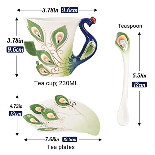 oliruim Unique Purple Peacock Ceramic Tea Cup Handmade Coffee Mug Set Tea Cup and Saucer with Spoon 1 Set Exquisite Porcelain Set Gift (Peacock Violet)