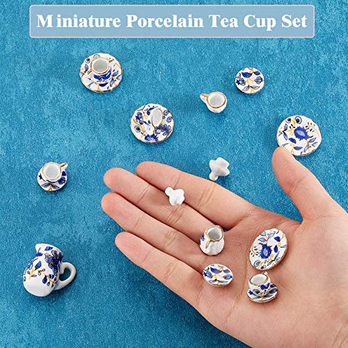 15 Pieces Miniature Porcelain Tea Cup Set Kitchen Miniature Porcelain Set Mini Flower Pattern Teapot Cup Plates Set Dollhouse Kitchen Accessories Set (Retro Flower Style)