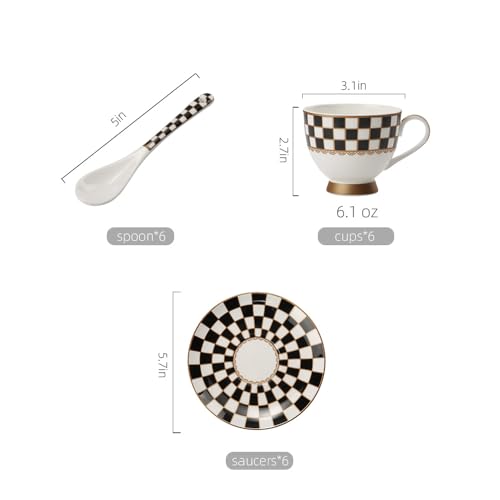 Porlien Black and White Checker Van Gogh Cups and Saucers Set of 6