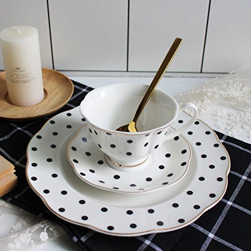 EKUEE Black and White Retro Series European Striped Polka Dot Coffee Cup and Saucer Mug Cake Plate Afternoon Tea Set (B)