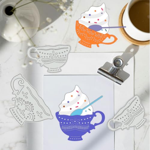BENECREAT 4 Styles Retro Tea Cup Metal Die Cuts, Tea Pot Cup Carbon Steel Cutting Dies Stencils for DIY Scrapbooking, Photo Album, Decorative Embossing, Paper Card