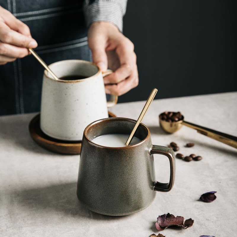 Retro Style Tea Cup With Wooden Saucer Set,Stoneware Ceramic Coffee Mug 12 Oz,Handmade Pottery Thick Mug With Spoons,Ideal Gift For Family Gathering Gifts American Coffee Latte (Light green set)