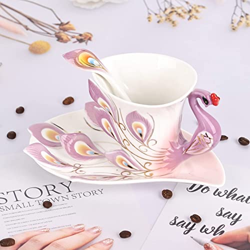 oliruim Unique Purple Peacock Ceramic Tea Cup Handmade Coffee Mug Set Tea Cup and Saucer with Spoon 1 Set Exquisite Porcelain Set Gift (Peacock Violet)