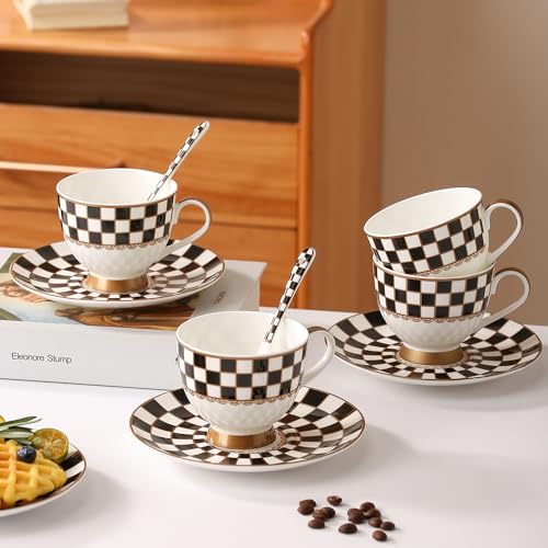 Porlien Black and White Checker Van Gogh Cups and Saucers Set of 6