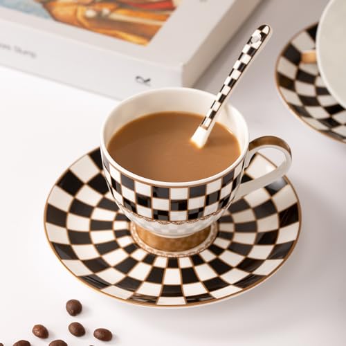 Porlien Black and White Checker Van Gogh Cups and Saucers Set of 6