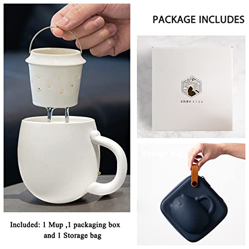 Liywall - Ceramic Tea Mug with Infuser and Lid, Cat Design Handmade Porcelain Tea Cup Strainer With Portable Shockproof Storage Case for Travel Office Home,Wife Girlfriend Gift - White