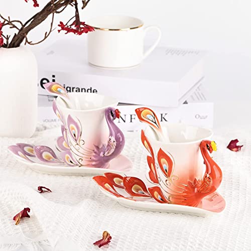 oliruim Unique Purple Peacock Ceramic Tea Cup Handmade Coffee Mug Set Tea Cup and Saucer with Spoon 1 Set Exquisite Porcelain Set Gift (Peacock Violet)