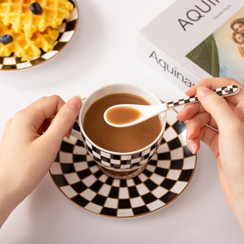 Porlien Black and White Checker Van Gogh Cups and Saucers Set of 6