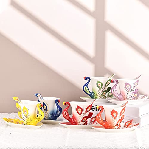 oliruim Unique Purple Peacock Ceramic Tea Cup Handmade Coffee Mug Set Tea Cup and Saucer with Spoon 1 Set Exquisite Porcelain Set Gift (Peacock Violet)