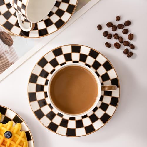 Porlien Black and White Checker Van Gogh Cups and Saucers Set of 6