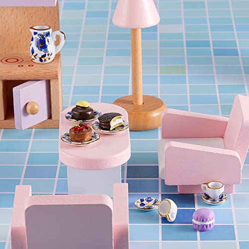 15 Pieces Miniature Porcelain Tea Cup Set Kitchen Miniature Porcelain Set Mini Flower Pattern Teapot Cup Plates Set Dollhouse Kitchen Accessories Set (Retro Flower Style)