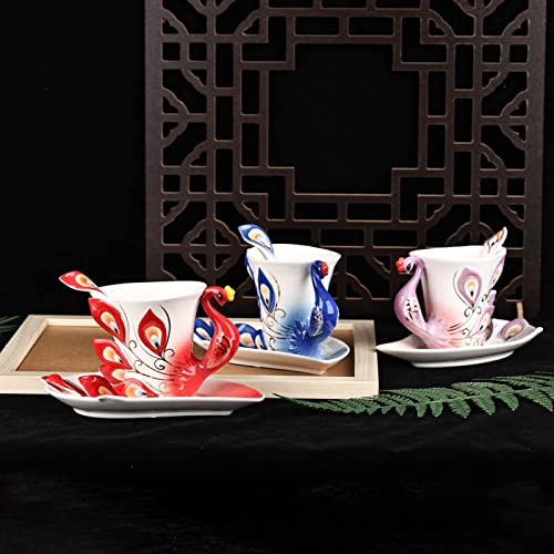 oliruim Unique Purple Peacock Ceramic Tea Cup Handmade Coffee Mug Set Tea Cup and Saucer with Spoon 1 Set Exquisite Porcelain Set Gift (Peacock Violet)