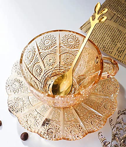 Mazeology Vintage Embossed Sunflower Flower Design Set of Two Amber Pressed Glass Cups and Saucers Set Made of Retro Relief Lead-free Glass Perfect for Serving Coffee or Afternoon Tea