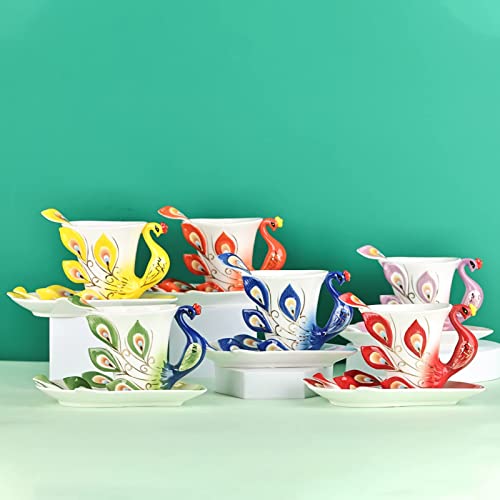 oliruim Unique Purple Peacock Ceramic Tea Cup Handmade Coffee Mug Set Tea Cup and Saucer with Spoon 1 Set Exquisite Porcelain Set Gift (Peacock Violet)