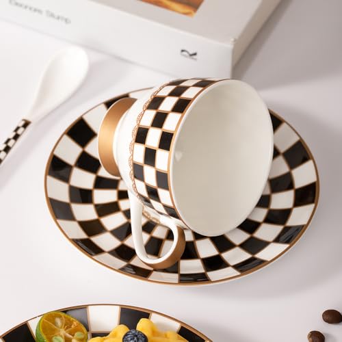 Porlien Black and White Checker Van Gogh Cups and Saucers Set of 6