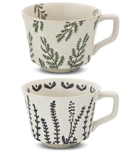 Unique 12 oz Ceramic Mug Set - Grass & Leaf