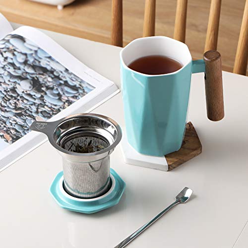Geometric Turquoise Tea Mug with Infuser and Lid