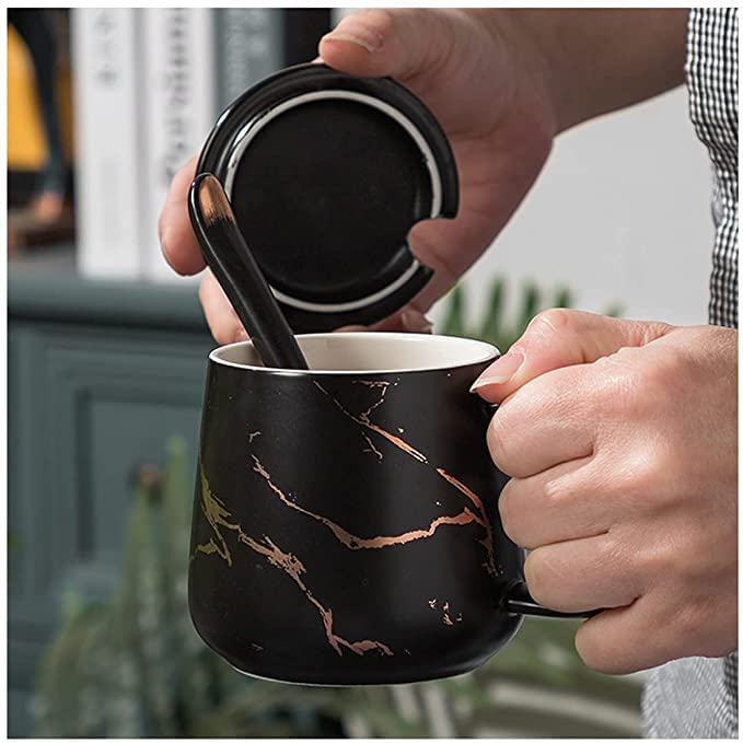 Marble Coffee Mug with Lid and Spoon