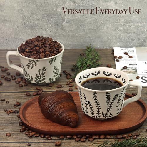 Unique 12 oz Ceramic Mug Set - Grass & Leaf