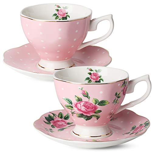 Floral Porcelain Tea Cups Set with Gold Trim