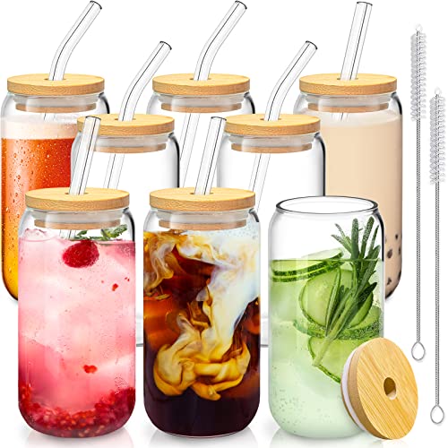Set of 8 Bamboo Lid Can-Shaped Glass Cups