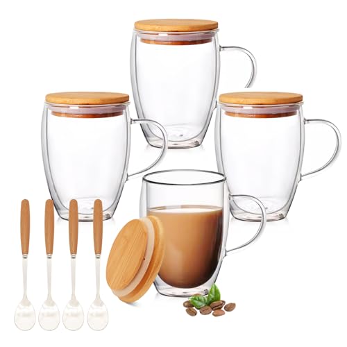 Double Walled Glass Mugs Set with Bamboo Lid