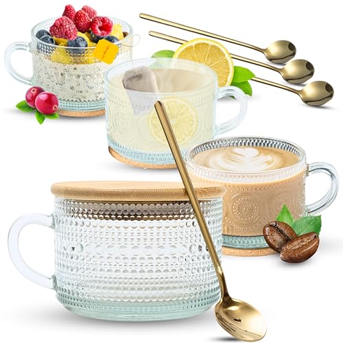 Vintage Glass Coffee Mugs with Lids and Spoons