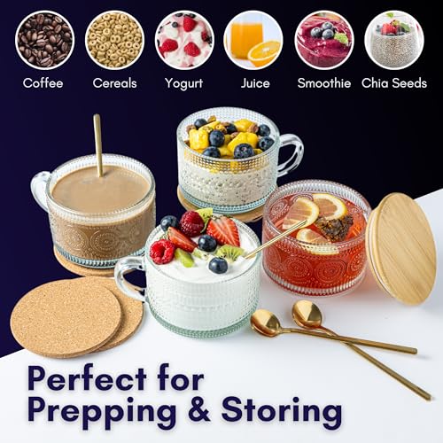 Vintage Glass Coffee Mugs with Lids and Spoons