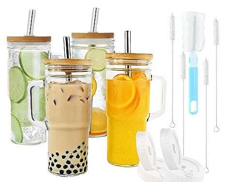 Bamboo-Lid Glass Tumblers with Straws - 4 Pack