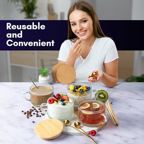 Vintage Glass Coffee Mugs with Lids and Spoons