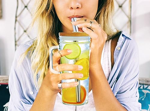 Bamboo-Lid Glass Tumblers with Straws - 4 Pack