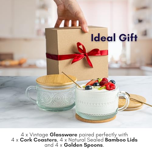 Vintage Glass Coffee Mugs with Lids and Spoons