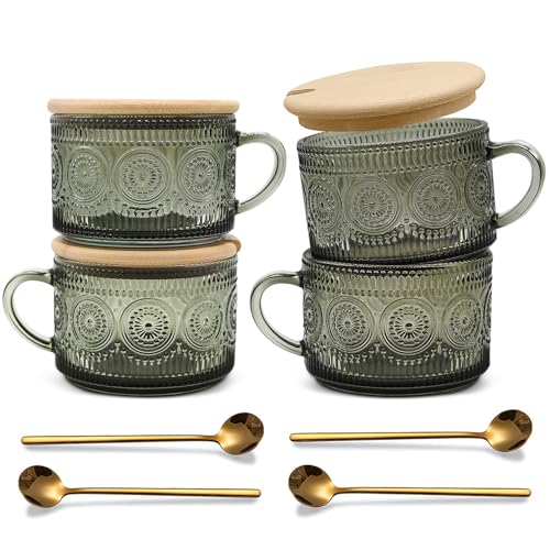 Vintage Green Coffee Mugs Set with Bamboo Lids