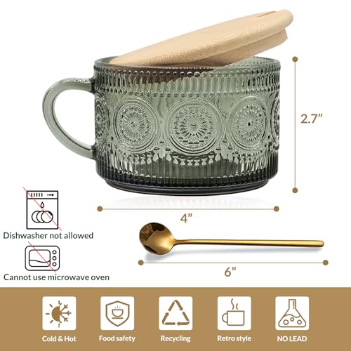 Vintage Green Coffee Mugs Set with Bamboo Lids