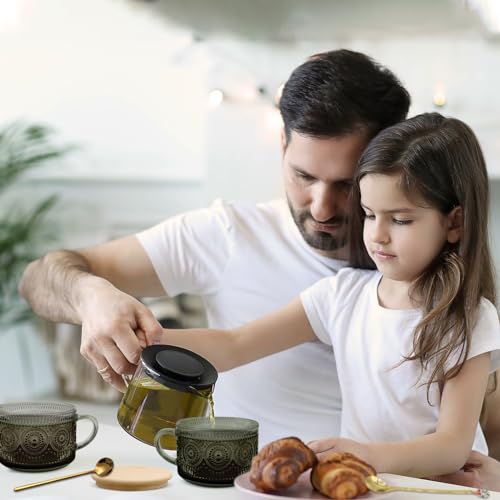 Vintage Green Coffee Mugs Set with Bamboo Lids