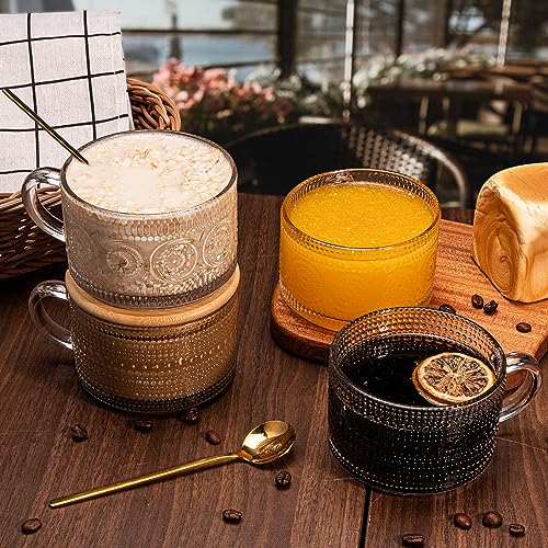 Vintage Embossed Coffee Mug Set with Bamboo Lids