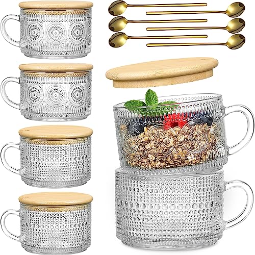 Vintage Glass Coffee Mugs with Bamboo Lids - 6 Pack