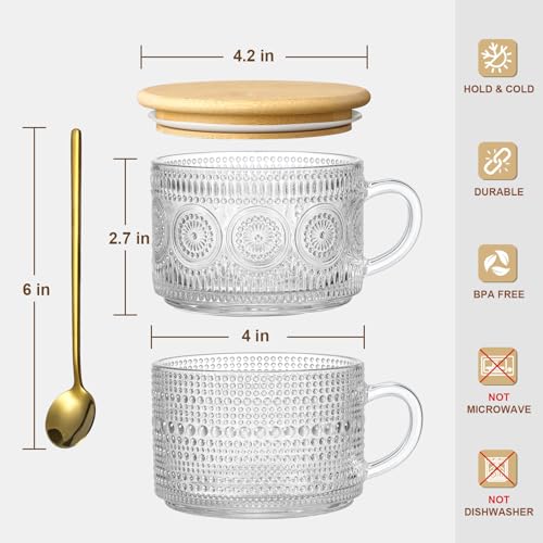 Vintage Glass Coffee Mugs with Bamboo Lids - 6 Pack