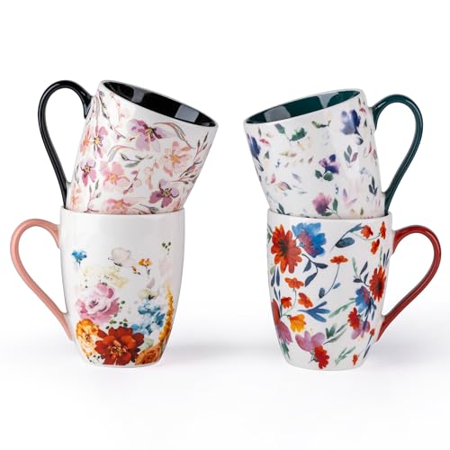 Set of 4 Large Floral Porcelain Coffee Mugs