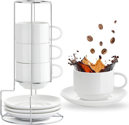 White Porcelain Cappuccino Cups with Saucers Set